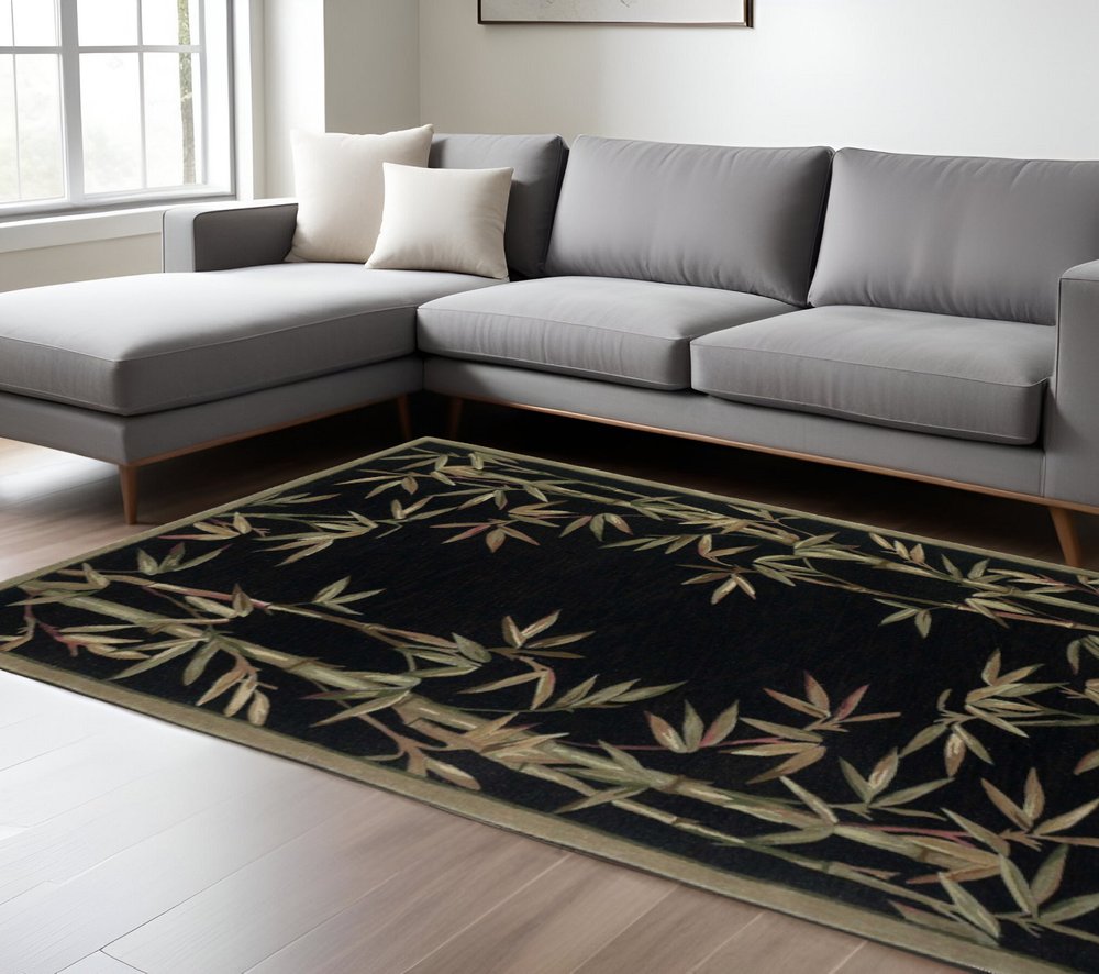 4' X 6' Black Green And Brown Wool Tropical Botanical Hand Tufted Area Rug