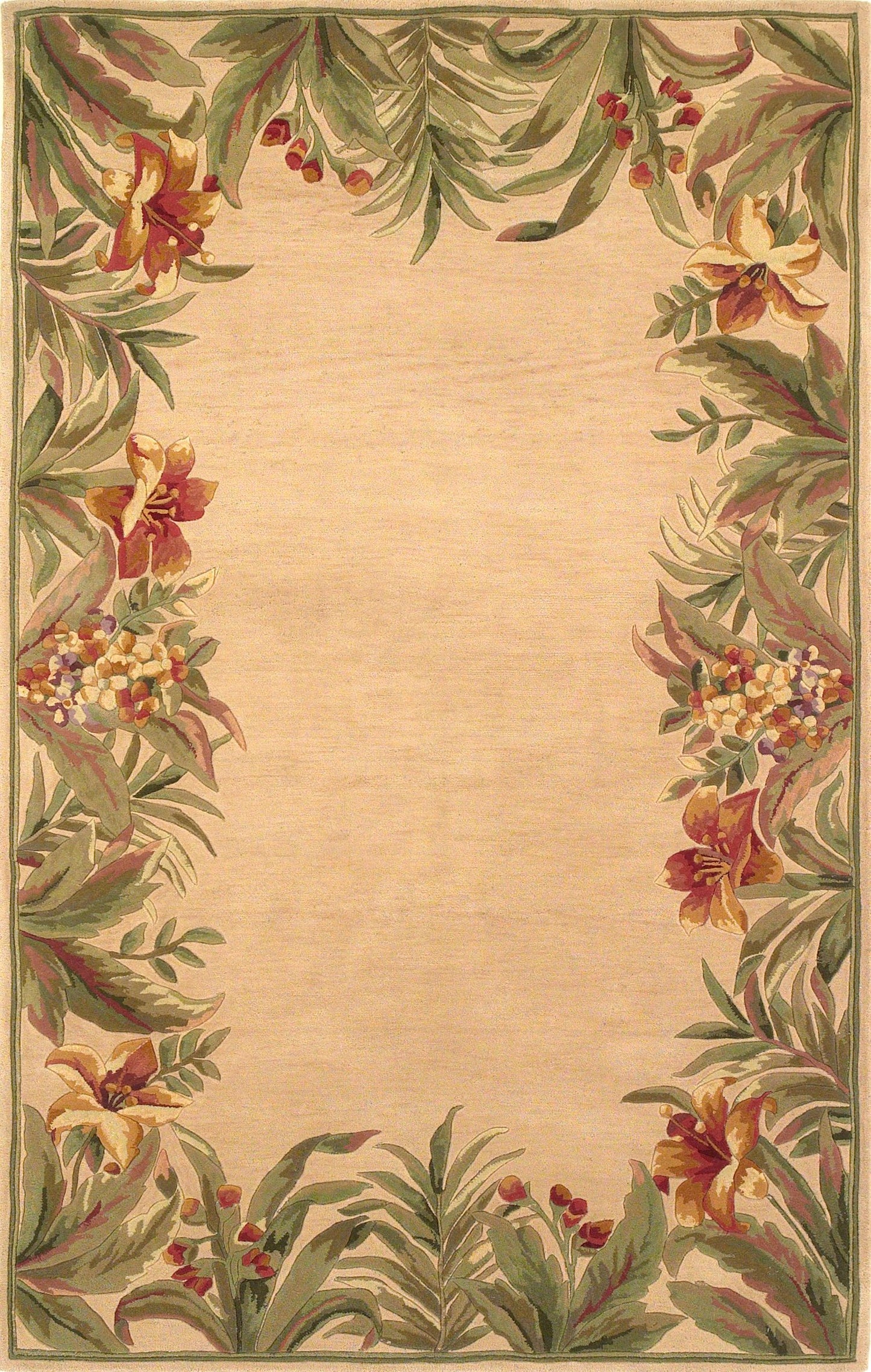 8' X 11' Beige Red And Green Wool Tropical Floral Hand Tufted Area Rug