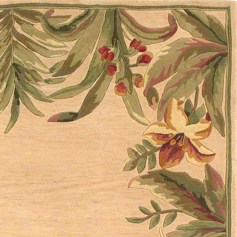 8' X 11' Beige Red And Green Wool Tropical Floral Hand Tufted Area Rug