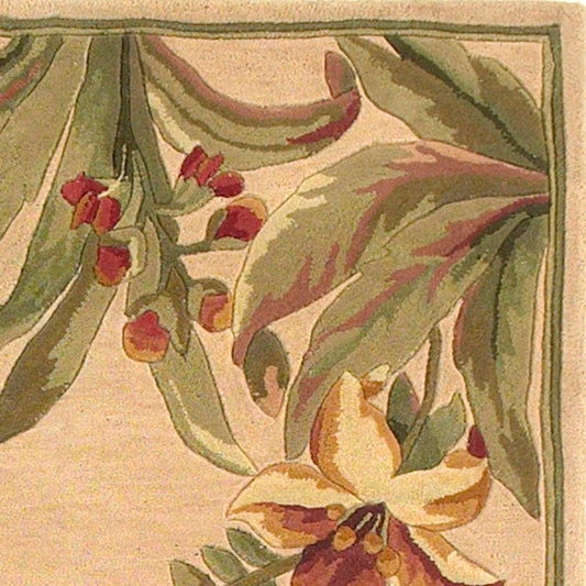 8' X 11' Beige Red And Green Wool Tropical Floral Hand Tufted Area Rug