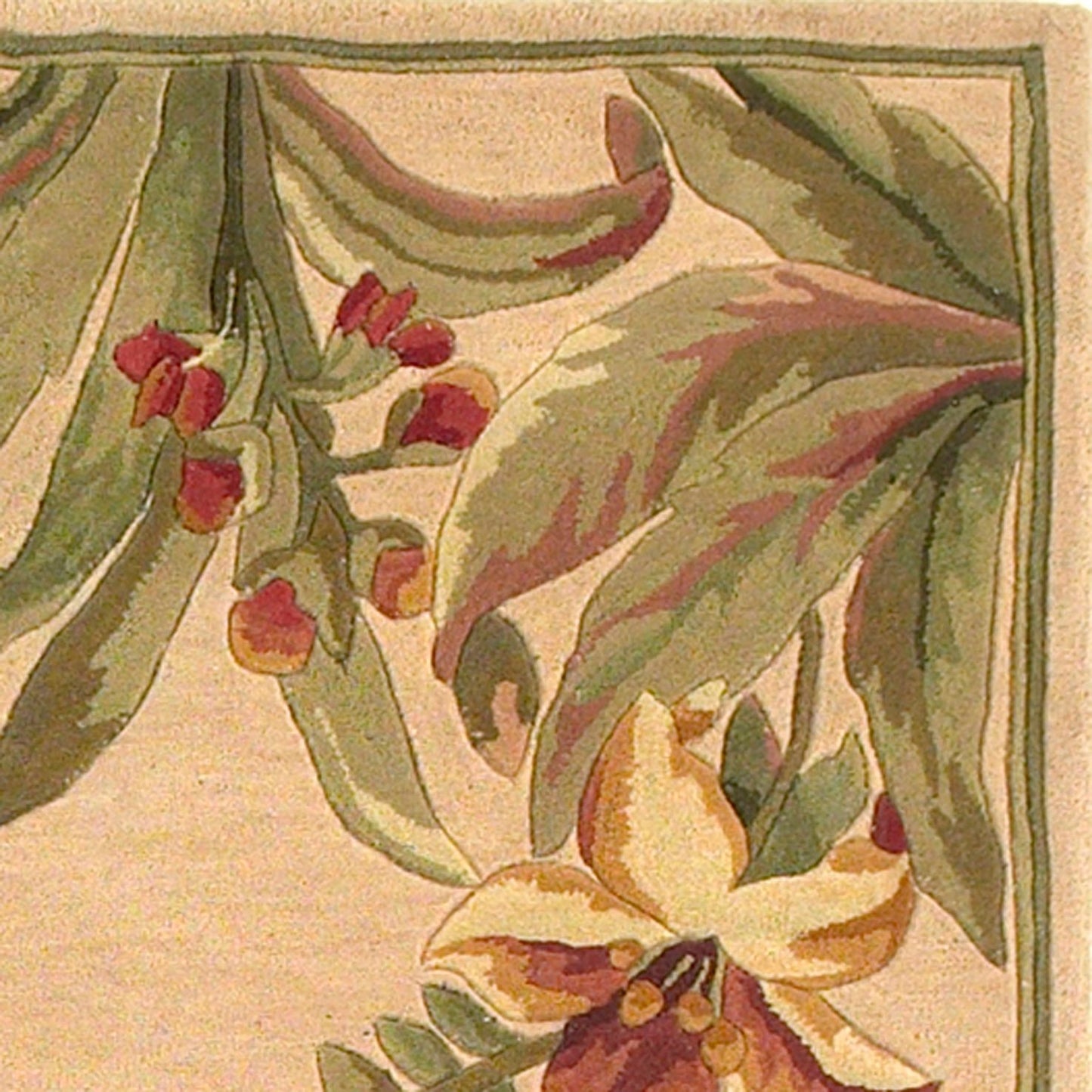 8' X 11' Beige Red And Green Wool Tropical Floral Hand Tufted Area Rug