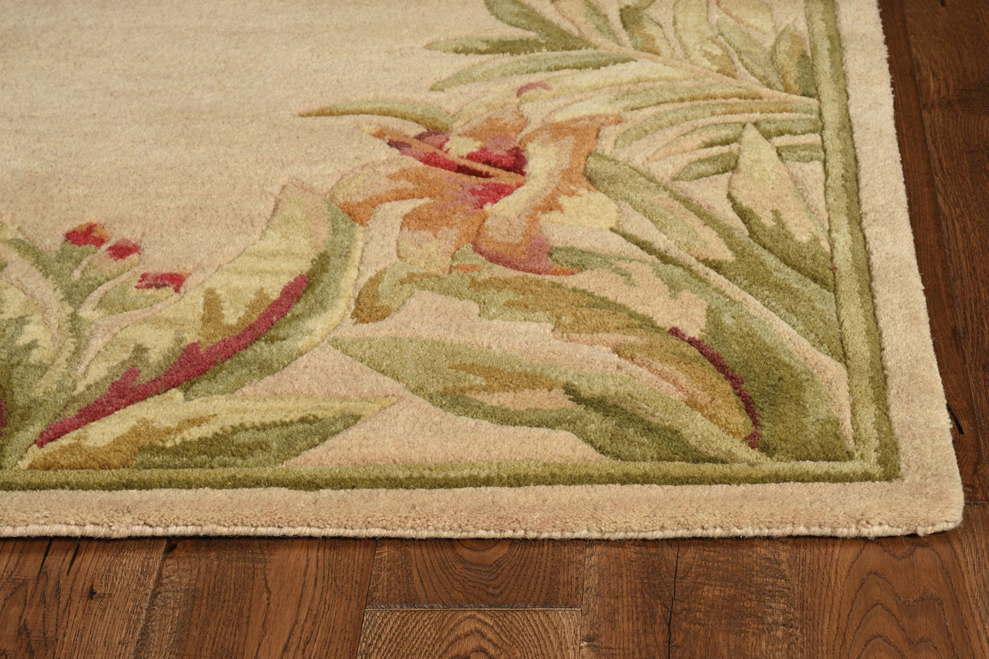 8' X 11' Beige Red And Green Wool Tropical Floral Hand Tufted Area Rug