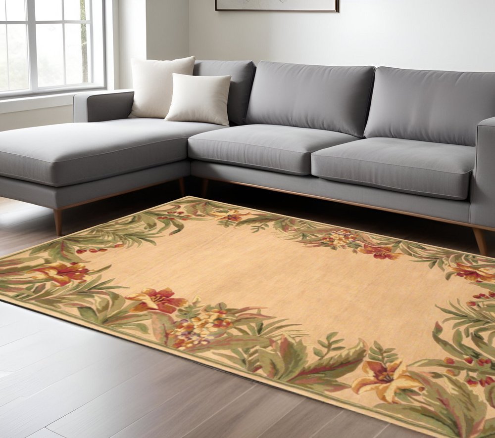 8' X 11' Beige Red And Green Wool Tropical Floral Hand Tufted Area Rug