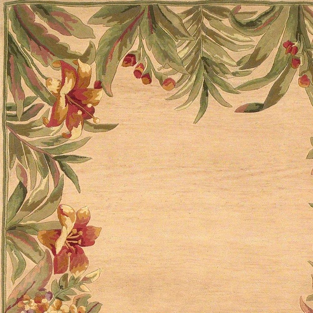 8' X 11' Beige Red And Green Wool Tropical Floral Hand Tufted Area Rug