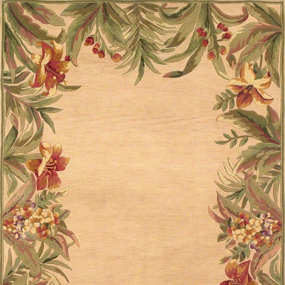 8' X 11' Beige Red And Green Wool Tropical Floral Hand Tufted Area Rug
