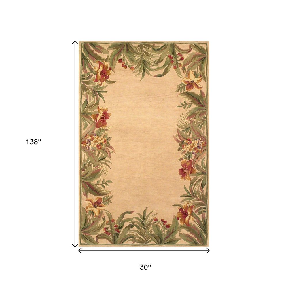 8' X 11' Beige Red And Green Wool Tropical Floral Hand Tufted Area Rug
