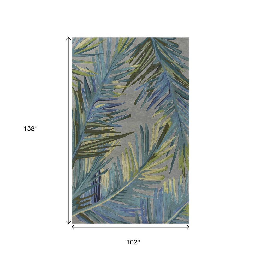 9' X 12' Gray And Blue Wool Tropical Botanical Hand Tufted Area Rug