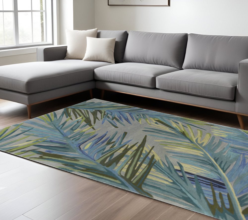 9' X 12' Gray And Blue Wool Tropical Botanical Hand Tufted Area Rug