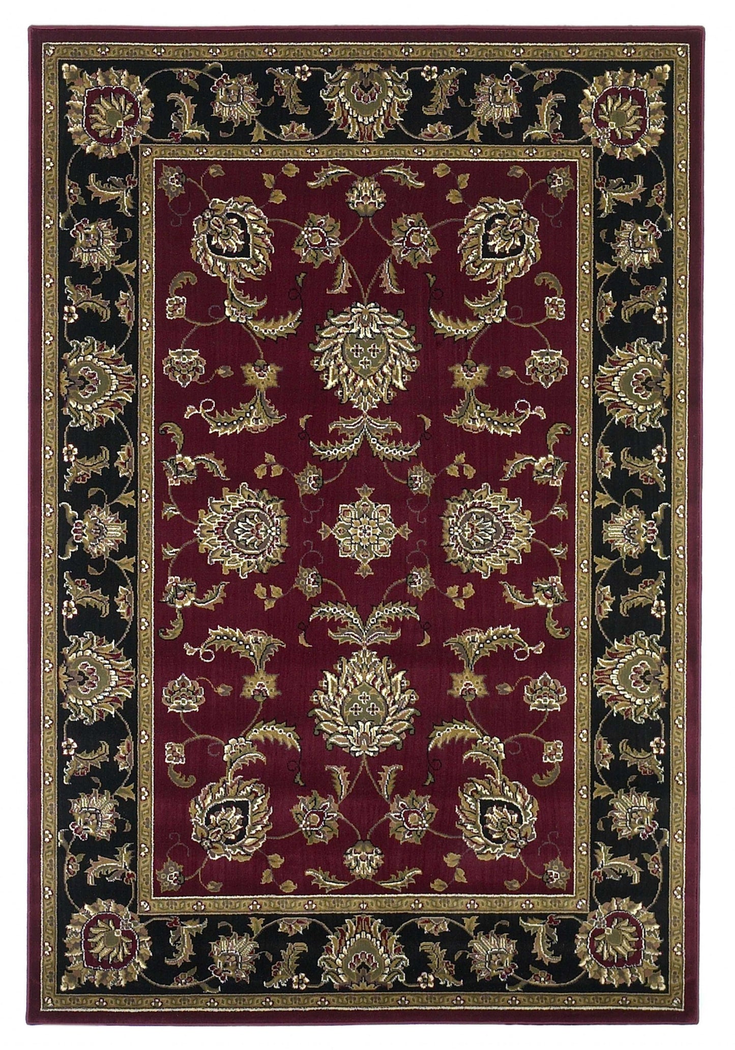 7' Red Black And Gold Floral Medallion Octagon Rug
