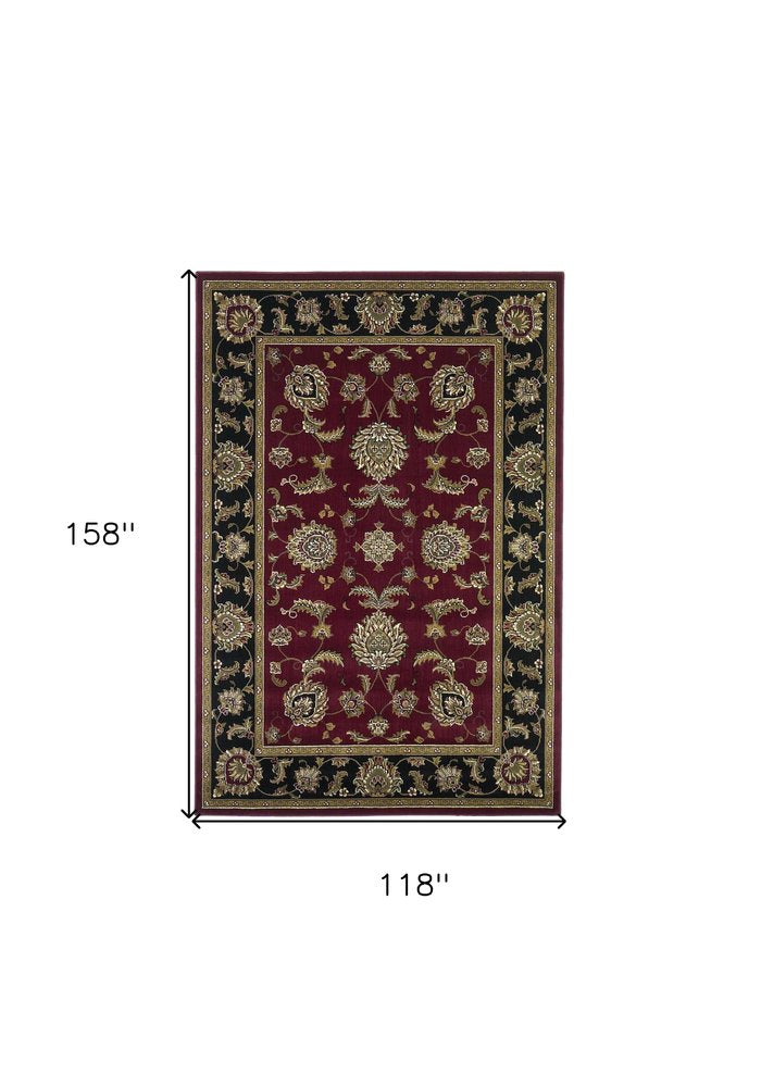 7' Red Black And Gold Floral Medallion Octagon Rug