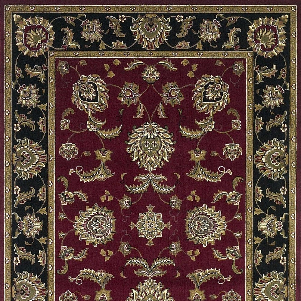 7' Red Black And Gold Floral Medallion Octagon Rug
