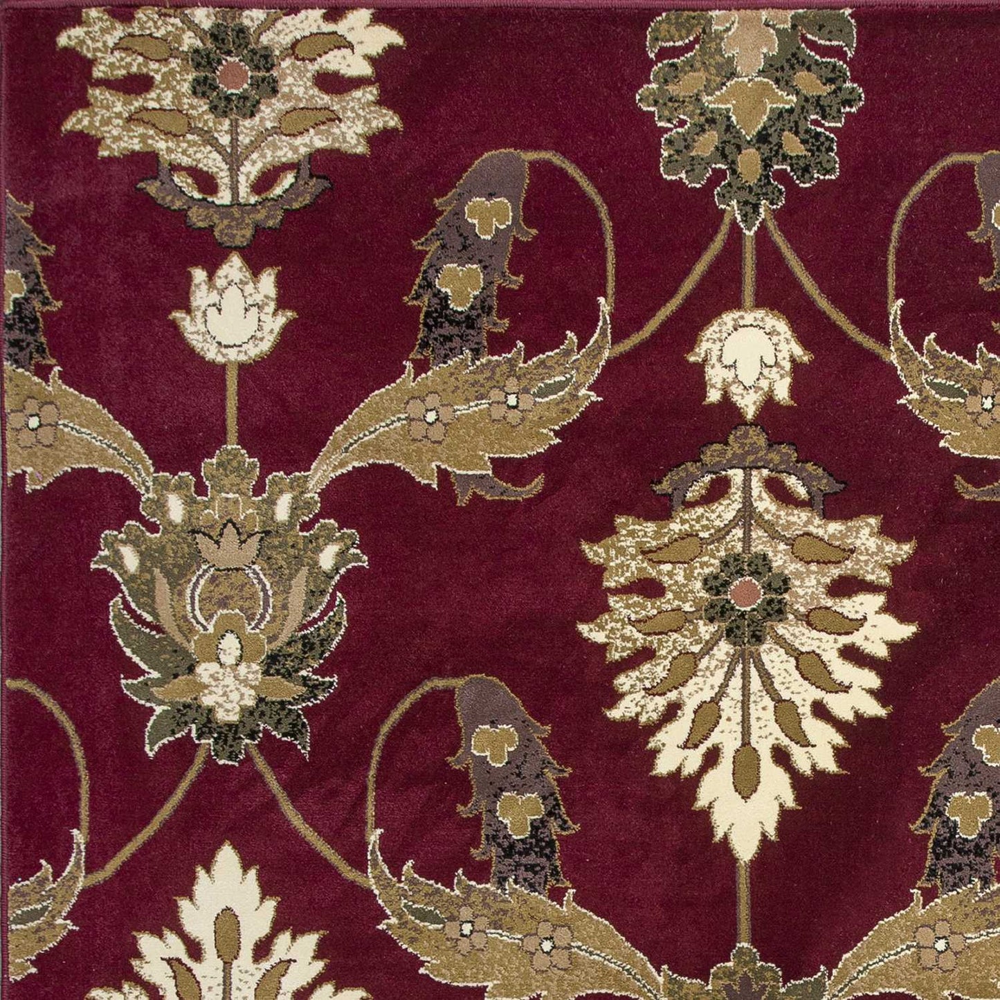 9' X 13' Red Beige And Brown Floral Vines Area Rug
