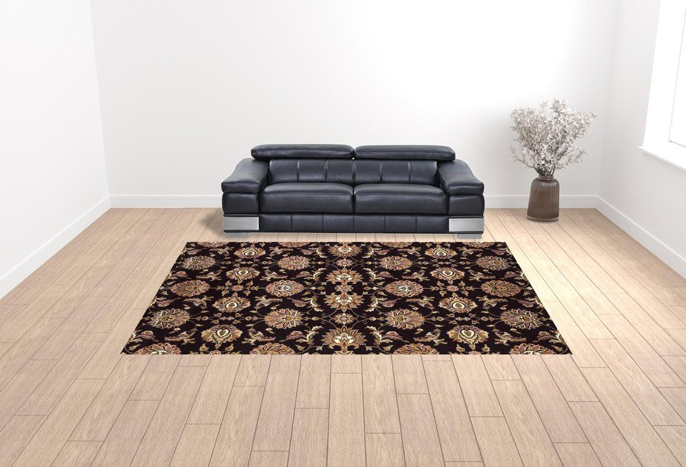 5' X 8' Black Ivory And Brown Floral Medallion Area Rug