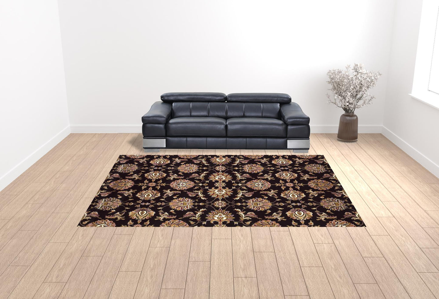 5' X 8' Black Ivory And Brown Floral Medallion Area Rug