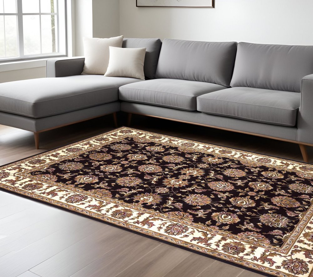 5' X 8' Black Ivory And Brown Floral Medallion Area Rug