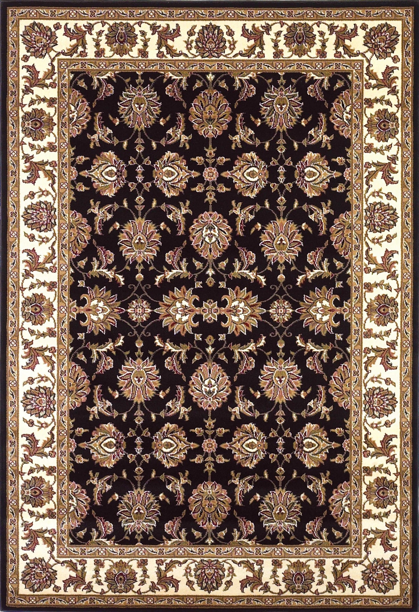 5' X 8' Black Ivory And Brown Floral Medallion Area Rug
