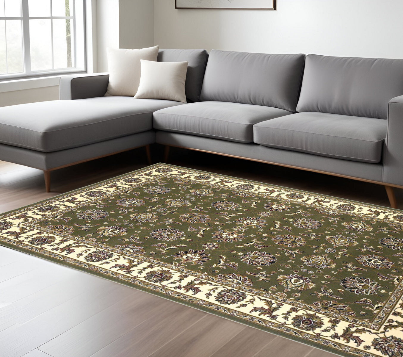 7' Green And Ivory Floral Octagon Rug