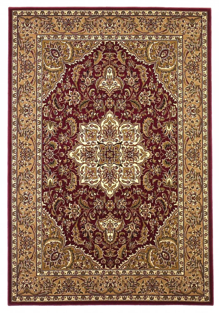 7' Red And Beige Floral Medallion Octagon Rug