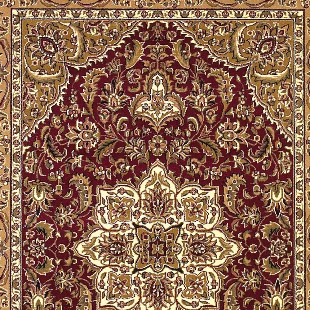 7' Red And Beige Floral Medallion Octagon Rug
