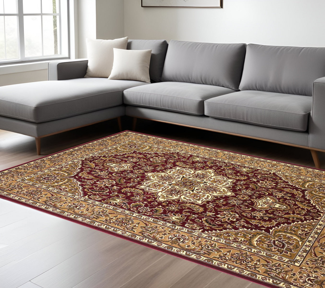 7' Red And Beige Floral Medallion Octagon Rug