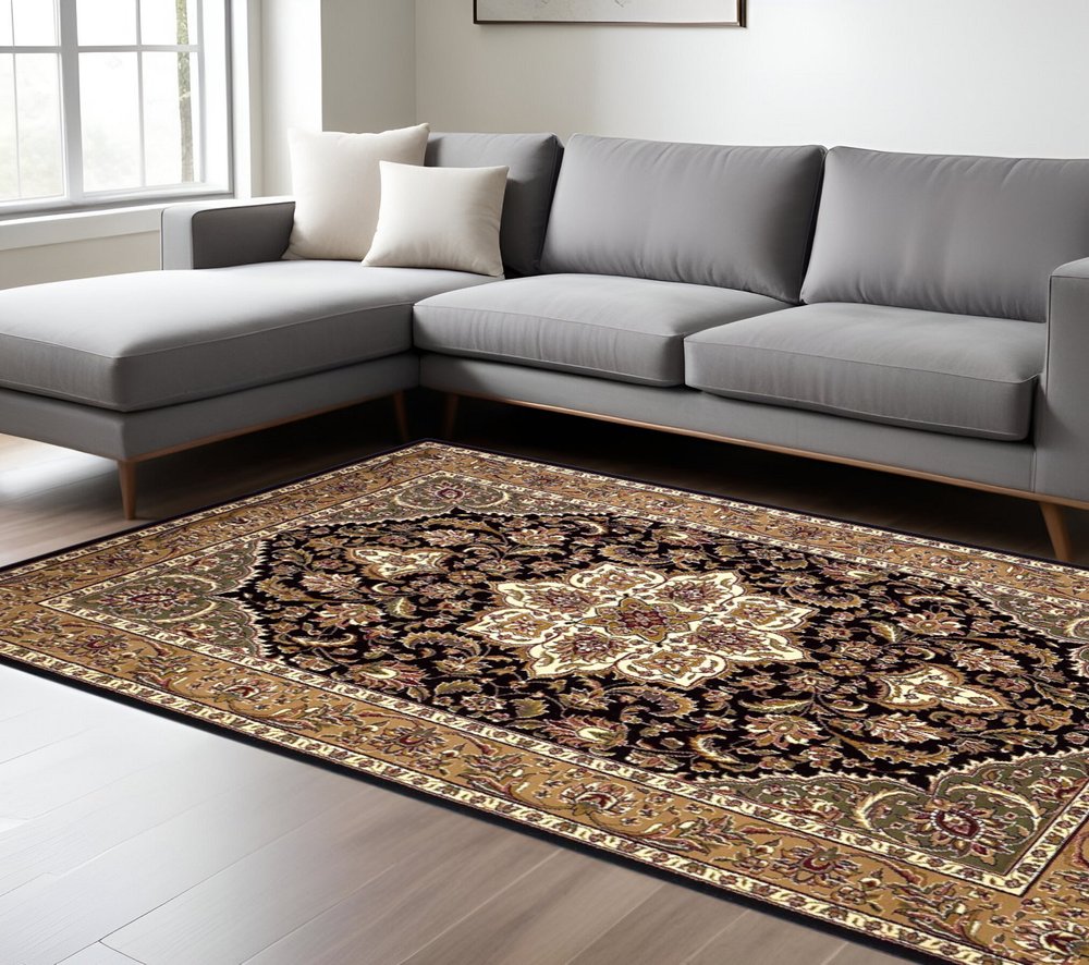 3' X 5' Black And Beige Floral Medallion Area Rug