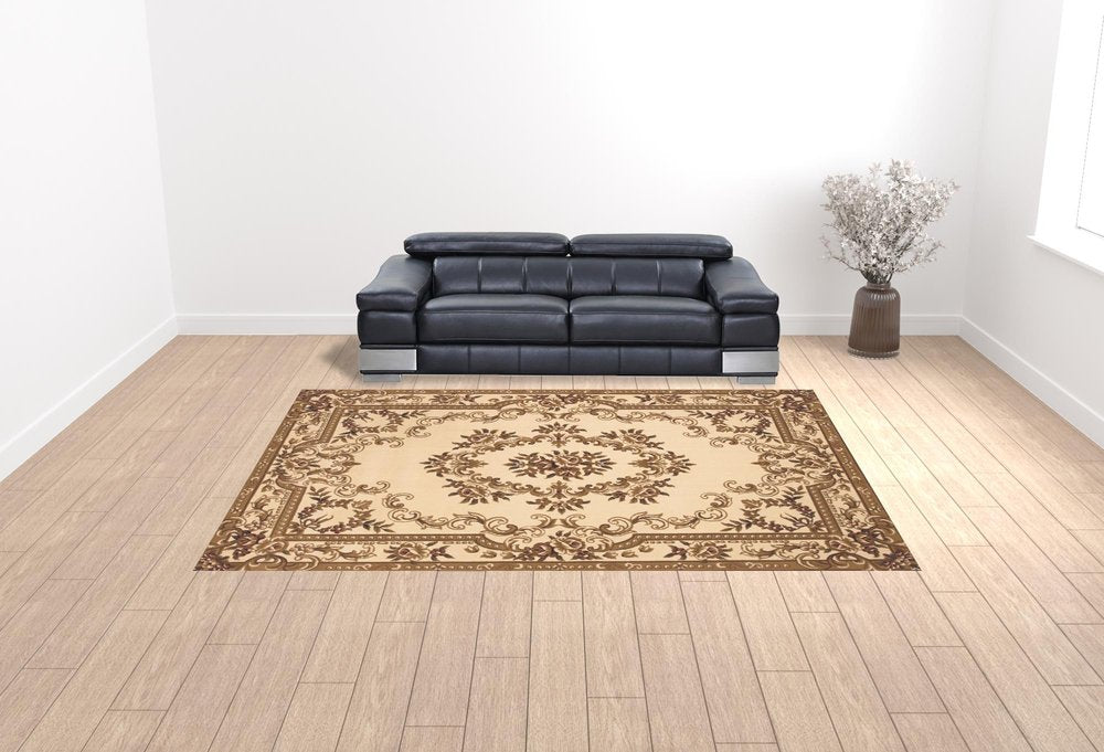 8' X 11' Beige And Brown Floral Medallion Area Rug