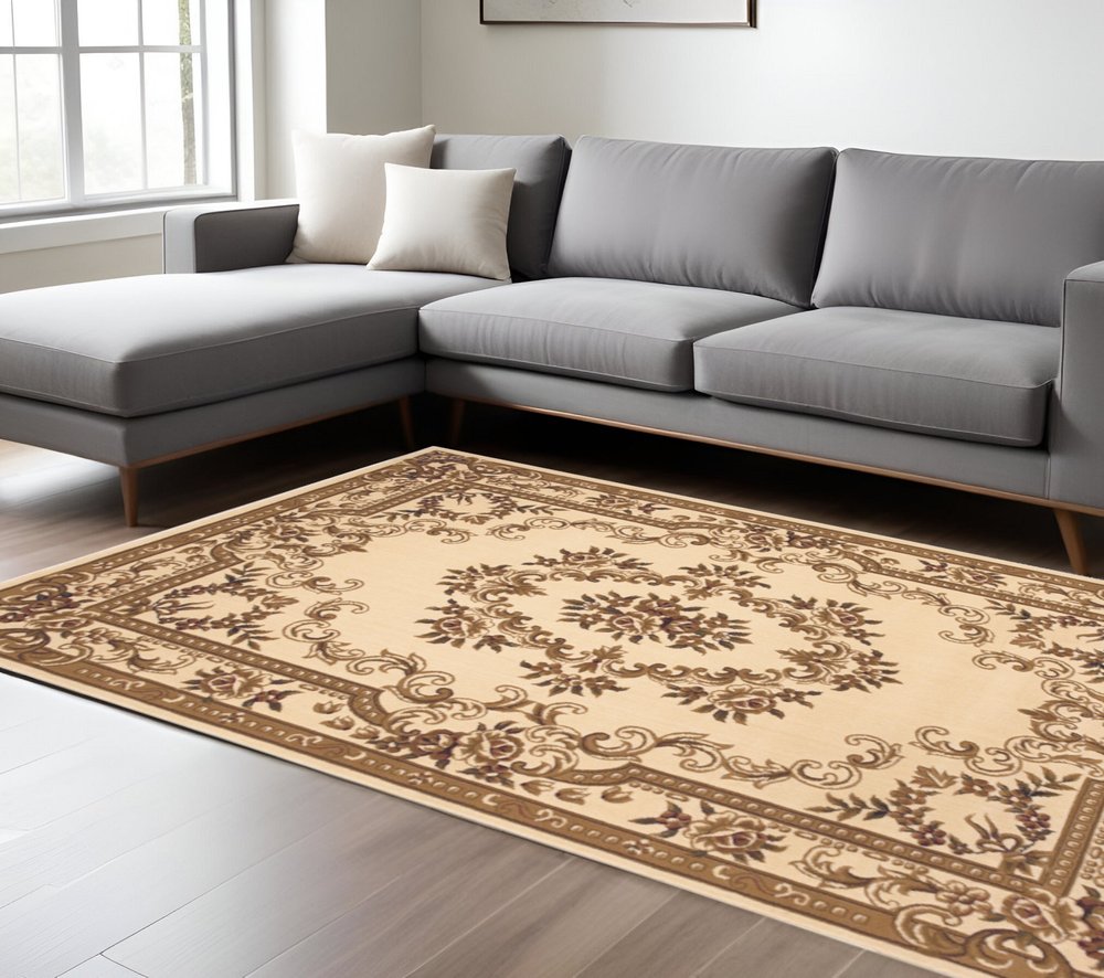 8' X 11' Beige And Brown Floral Medallion Area Rug