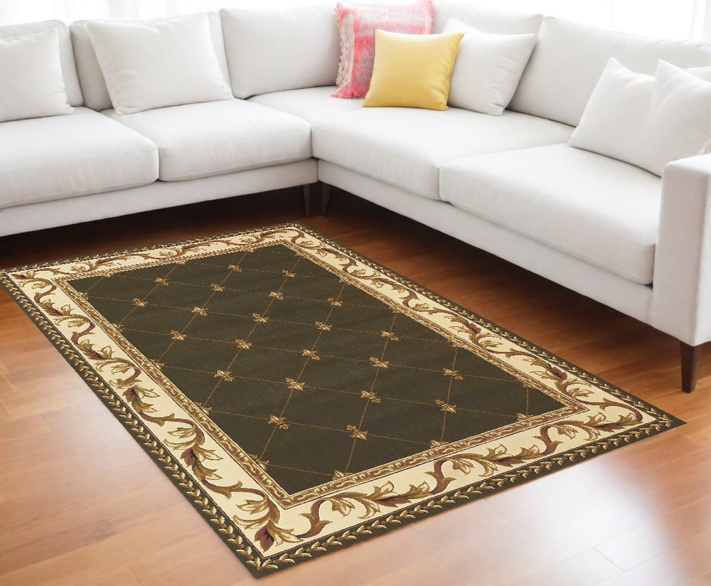 3' X 5' Dark Green Ivory And Brown Floral Vines Area Rug