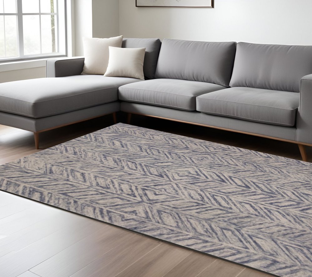 2' X 4' Blue And Beige Wool Chevron Hand Tufted Area Rug