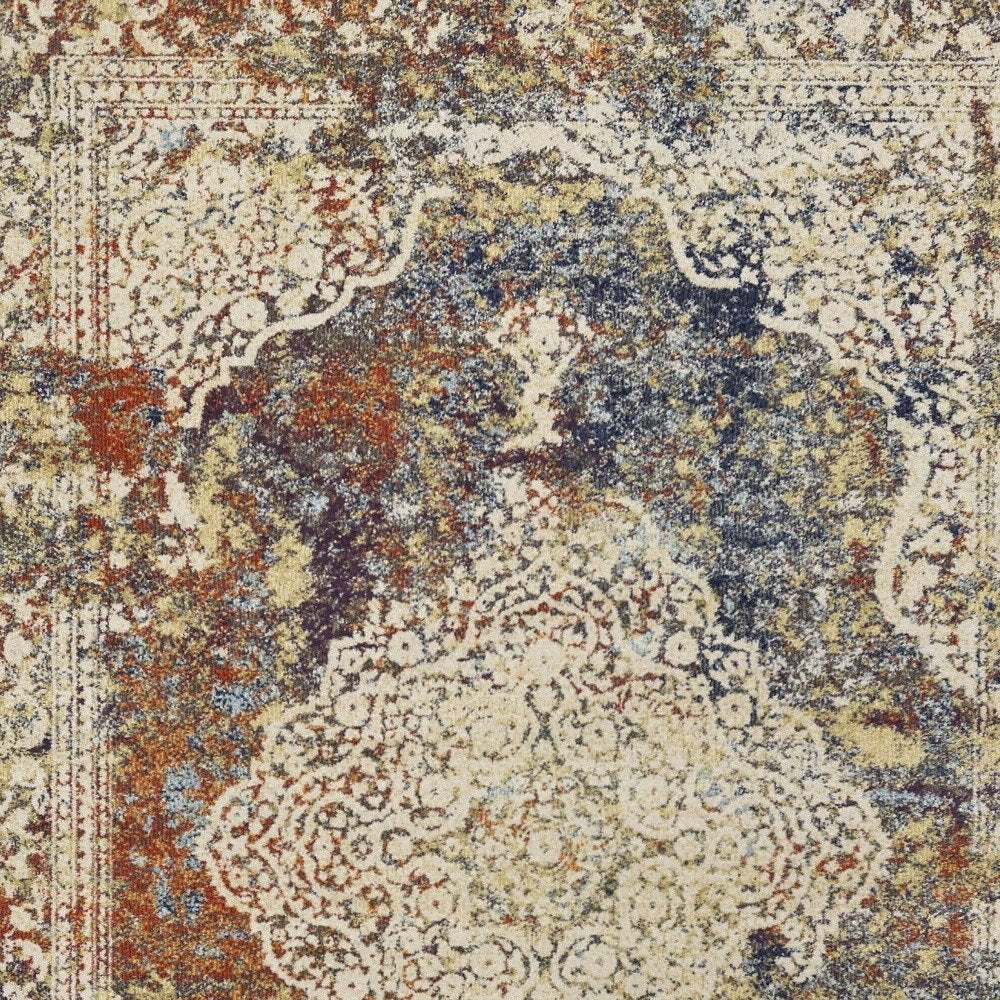 5' X 8' Ivory Blue And Orange Medallion Area Rug