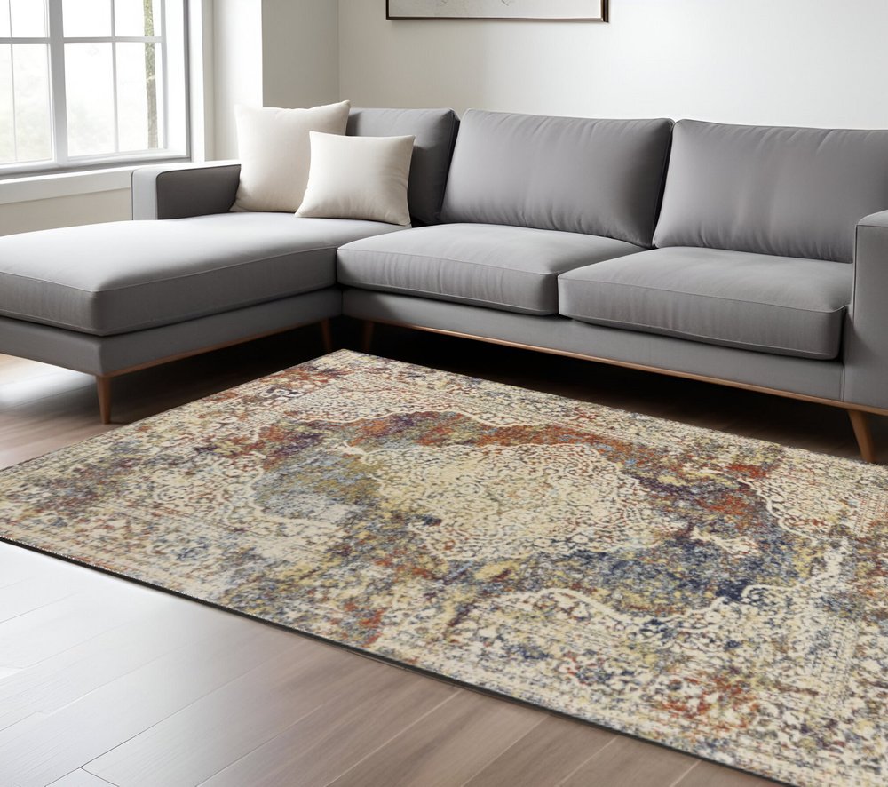 5' X 8' Ivory Blue And Orange Medallion Area Rug