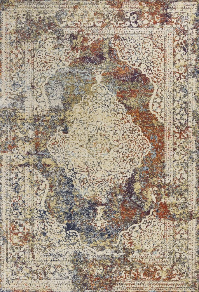 5' X 8' Ivory Blue And Orange Medallion Area Rug