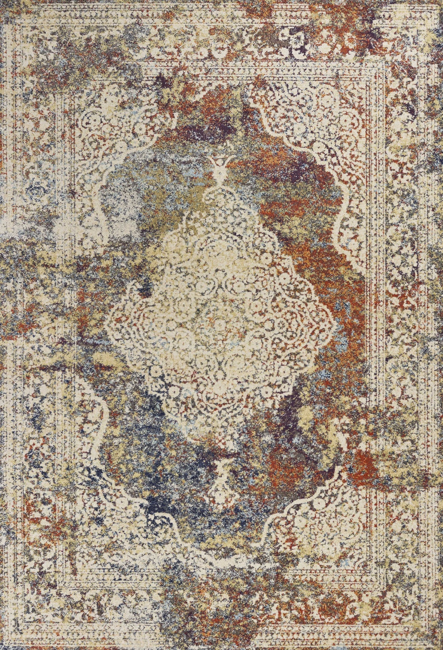 5' X 8' Ivory Blue And Orange Medallion Area Rug