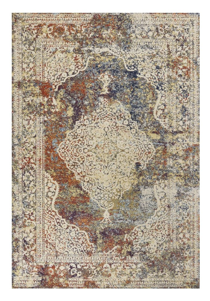 5' X 8' Ivory Blue And Orange Medallion Area Rug