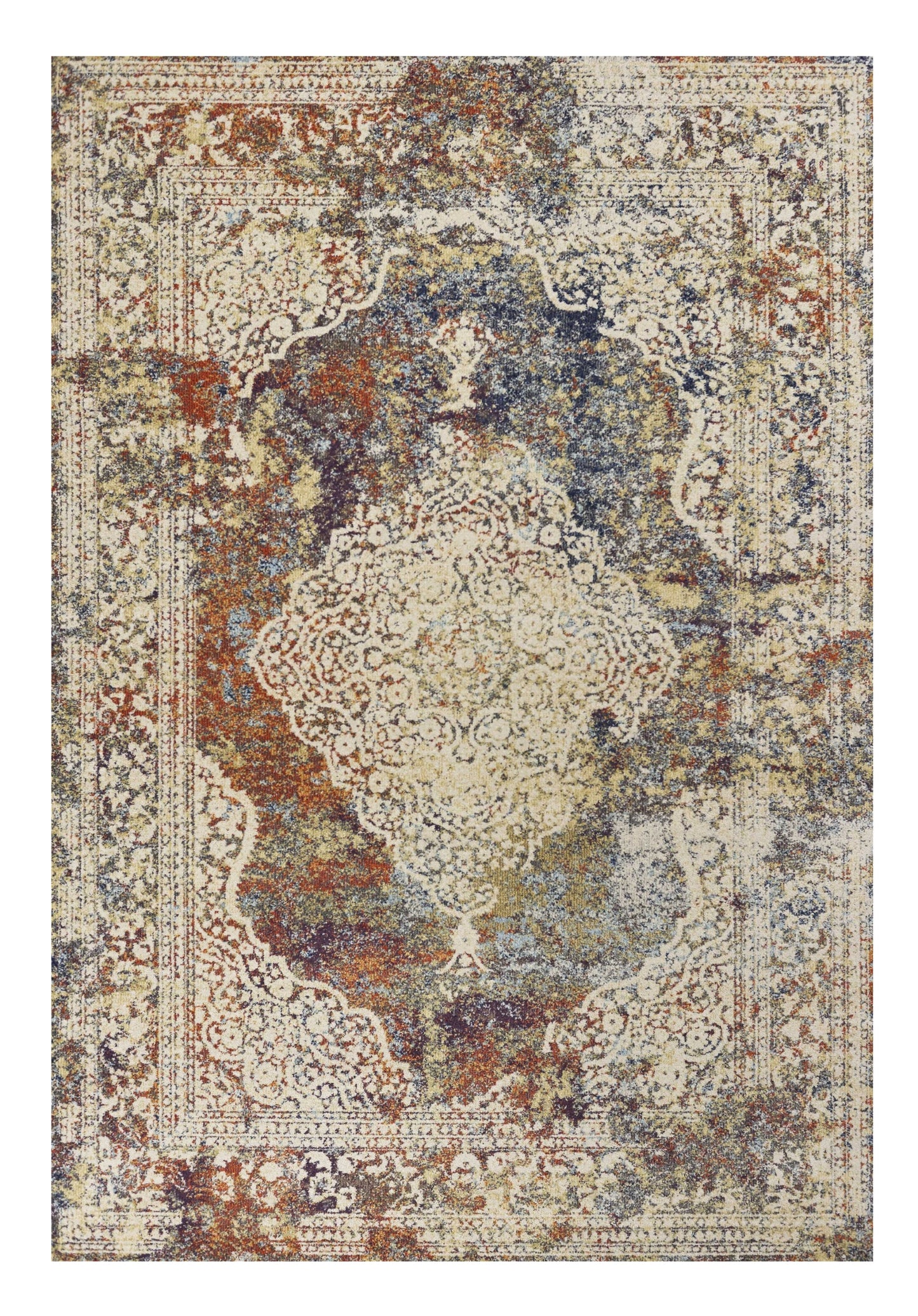 5' X 8' Ivory Blue And Orange Medallion Area Rug