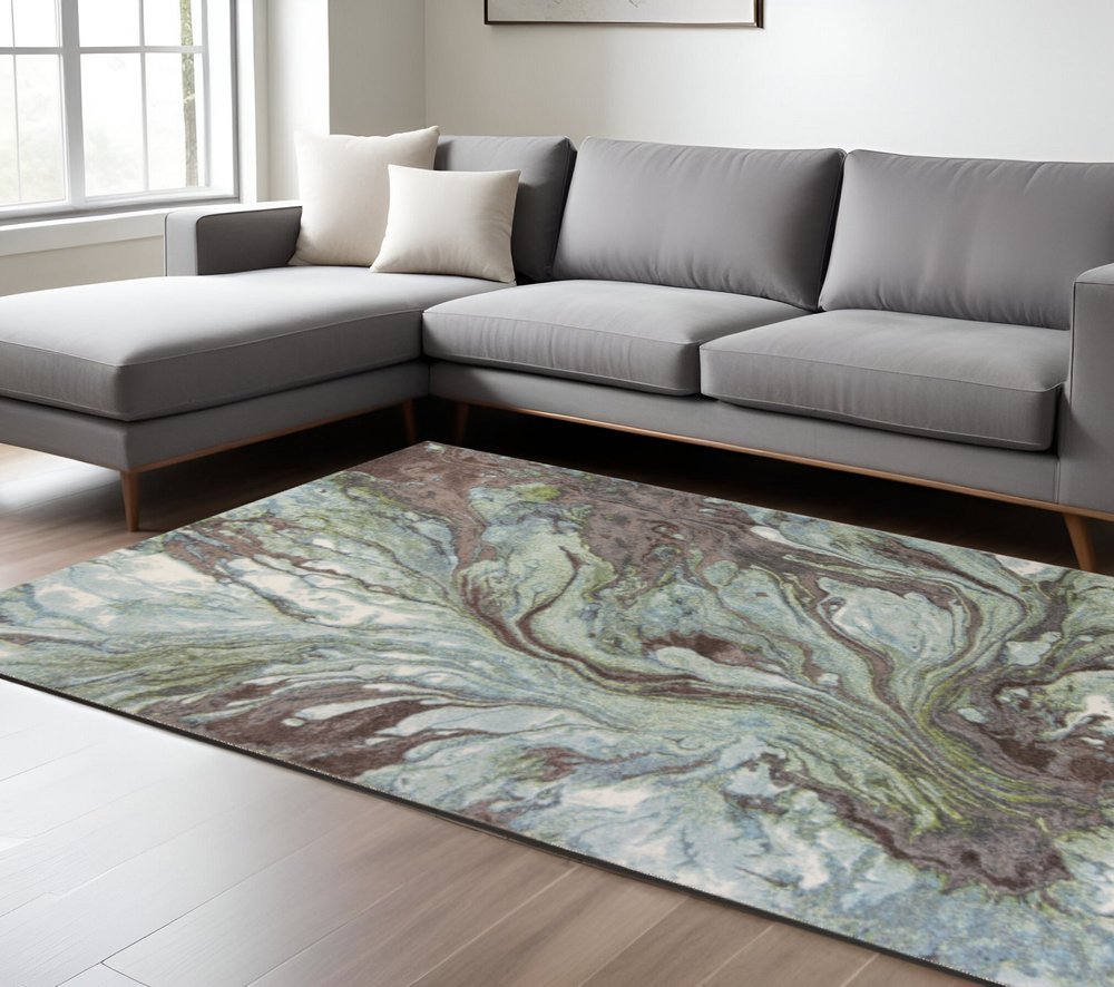7' X 10' Green And Brown Abstract Area Rug