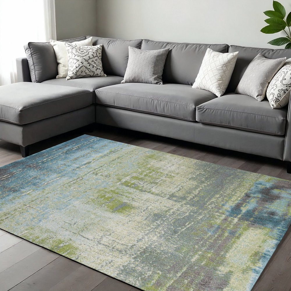 9' X 13' Blue And Green Abstract Area Rug
