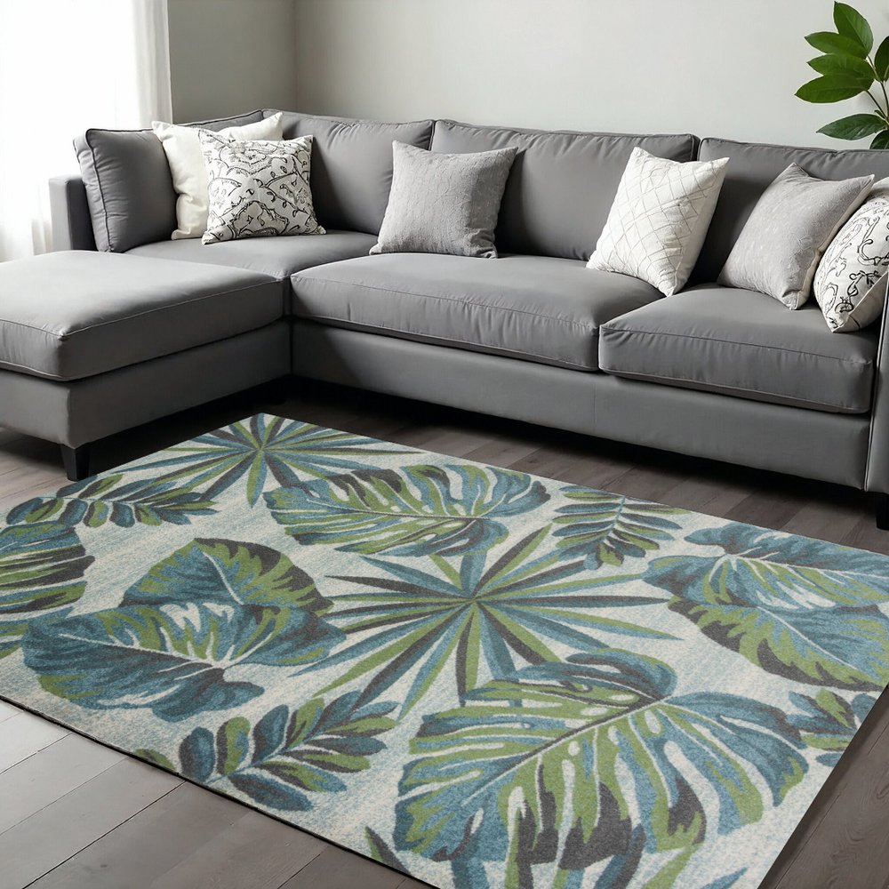3' X 5' Beige Teal And Green Tropical Botanical Area Rug