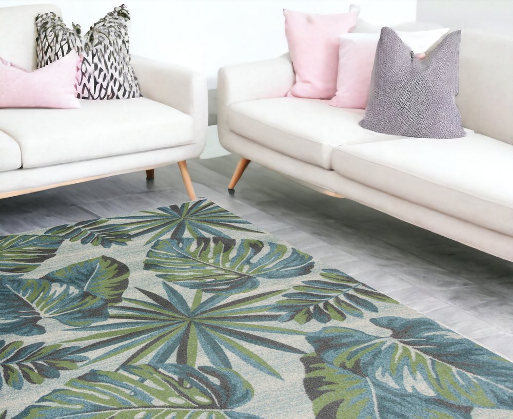 3' X 5' Beige Teal And Green Tropical Botanical Area Rug
