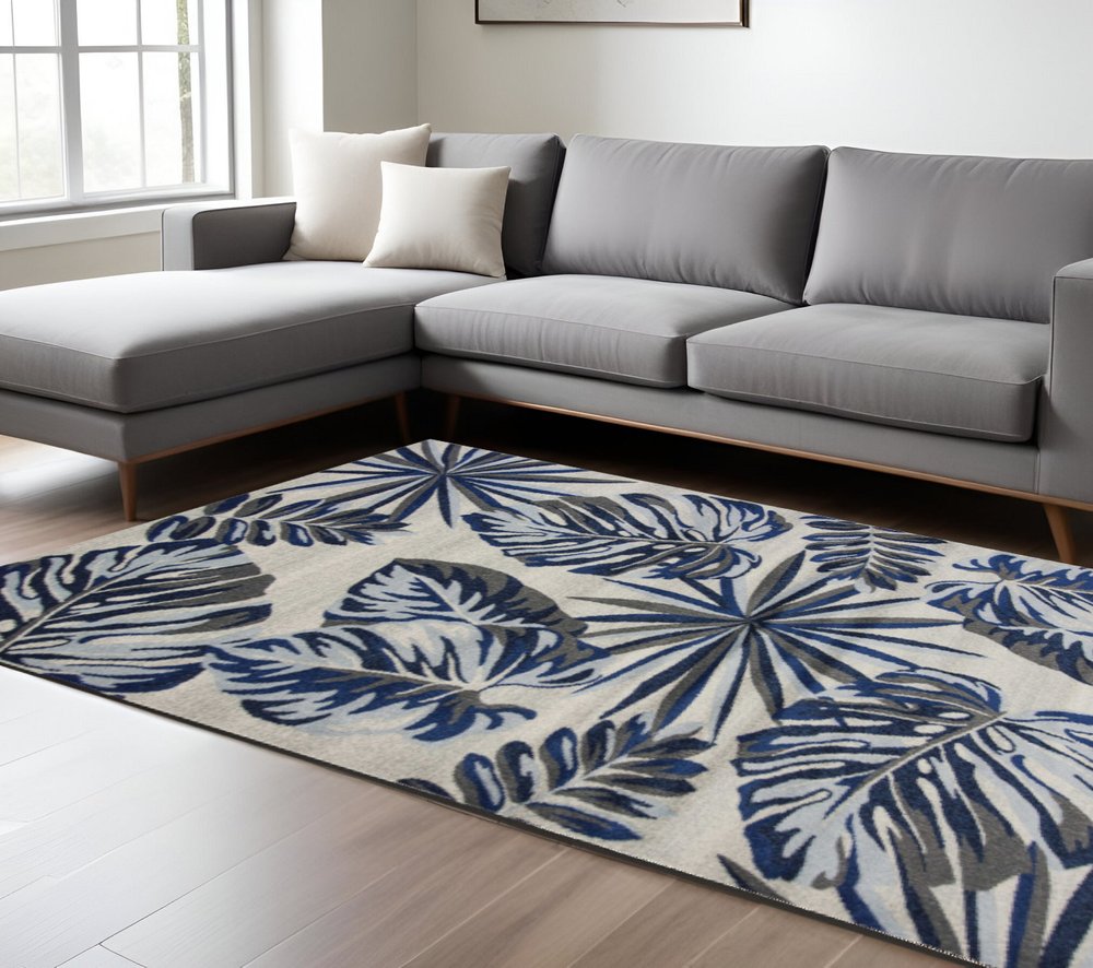 8' X 11' Blue And Gray Botanical Leaves Area Rug