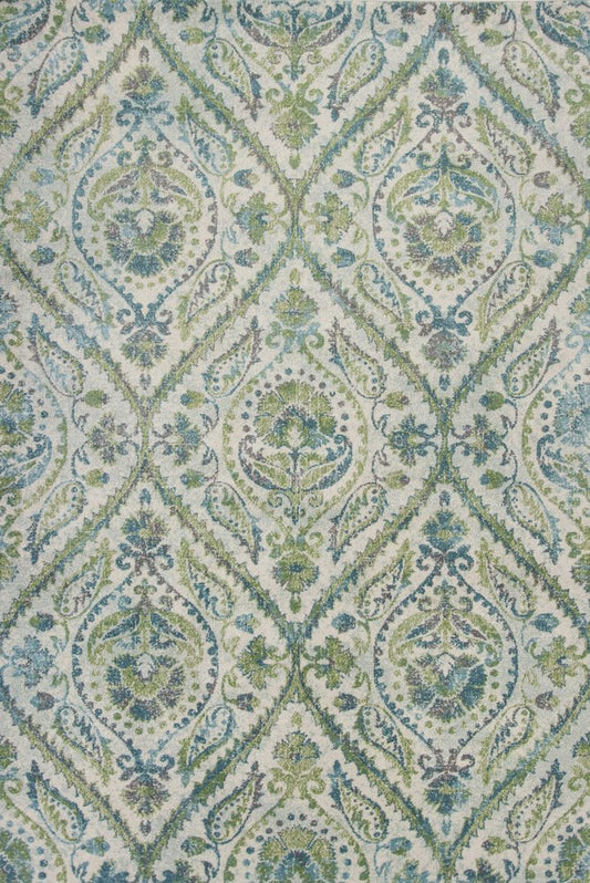 9' X 13' Green Ivory And Teal Medallion Area Rug