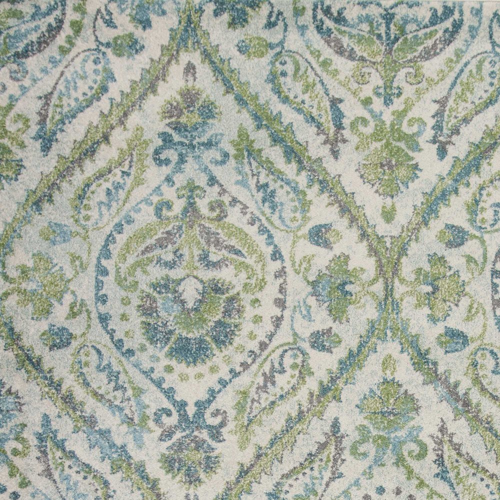 9' X 13' Green Ivory And Teal Medallion Area Rug