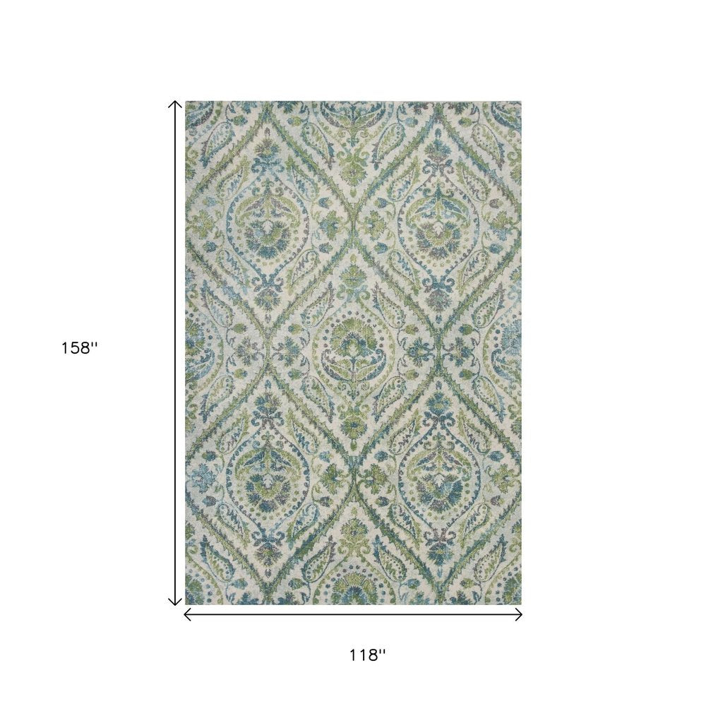 9' X 13' Green Ivory And Teal Medallion Area Rug