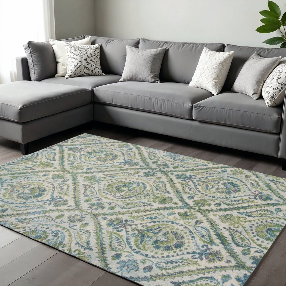 9' X 13' Green Ivory And Teal Medallion Area Rug