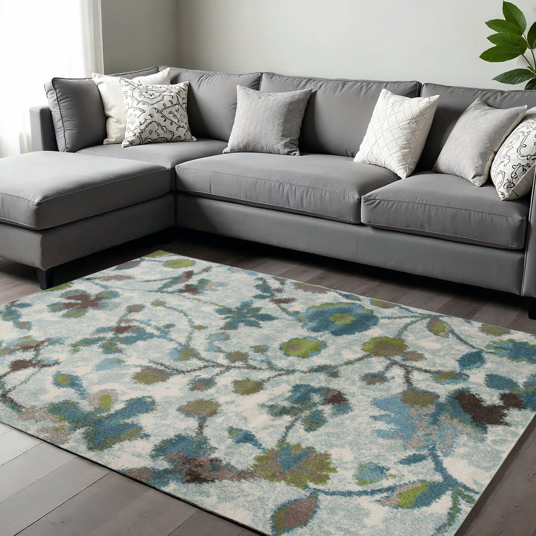 5' X 8' Teal Blue Green And White Floral Vines Area Rug