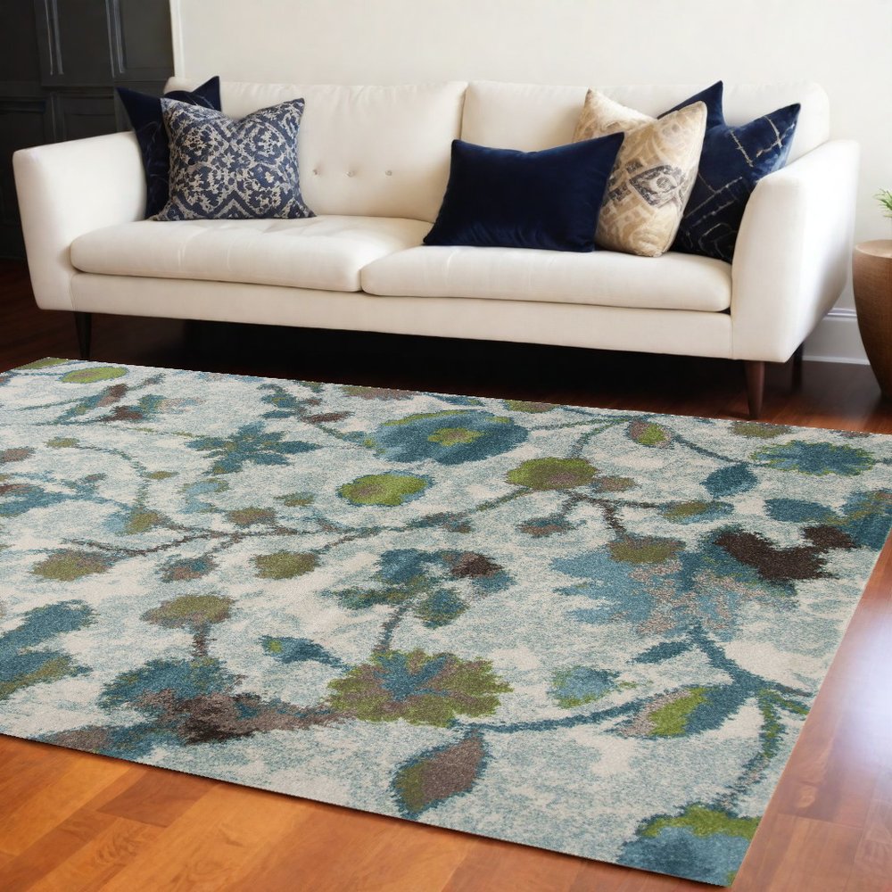 5' X 8' Teal Blue Green And White Floral Vines Area Rug