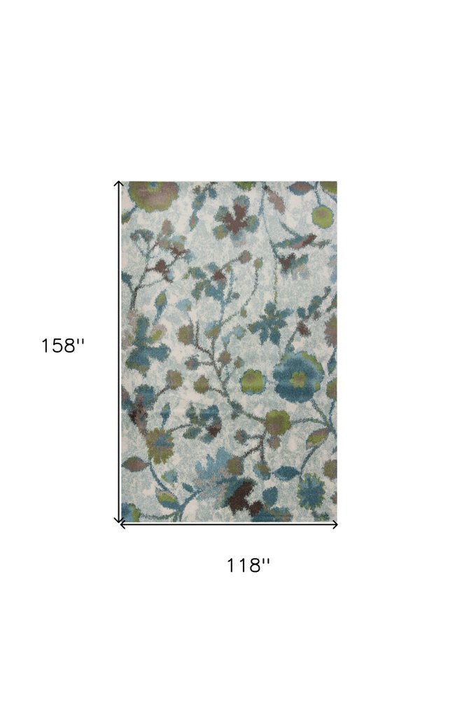 5' X 8' Teal Blue Green And White Floral Vines Area Rug