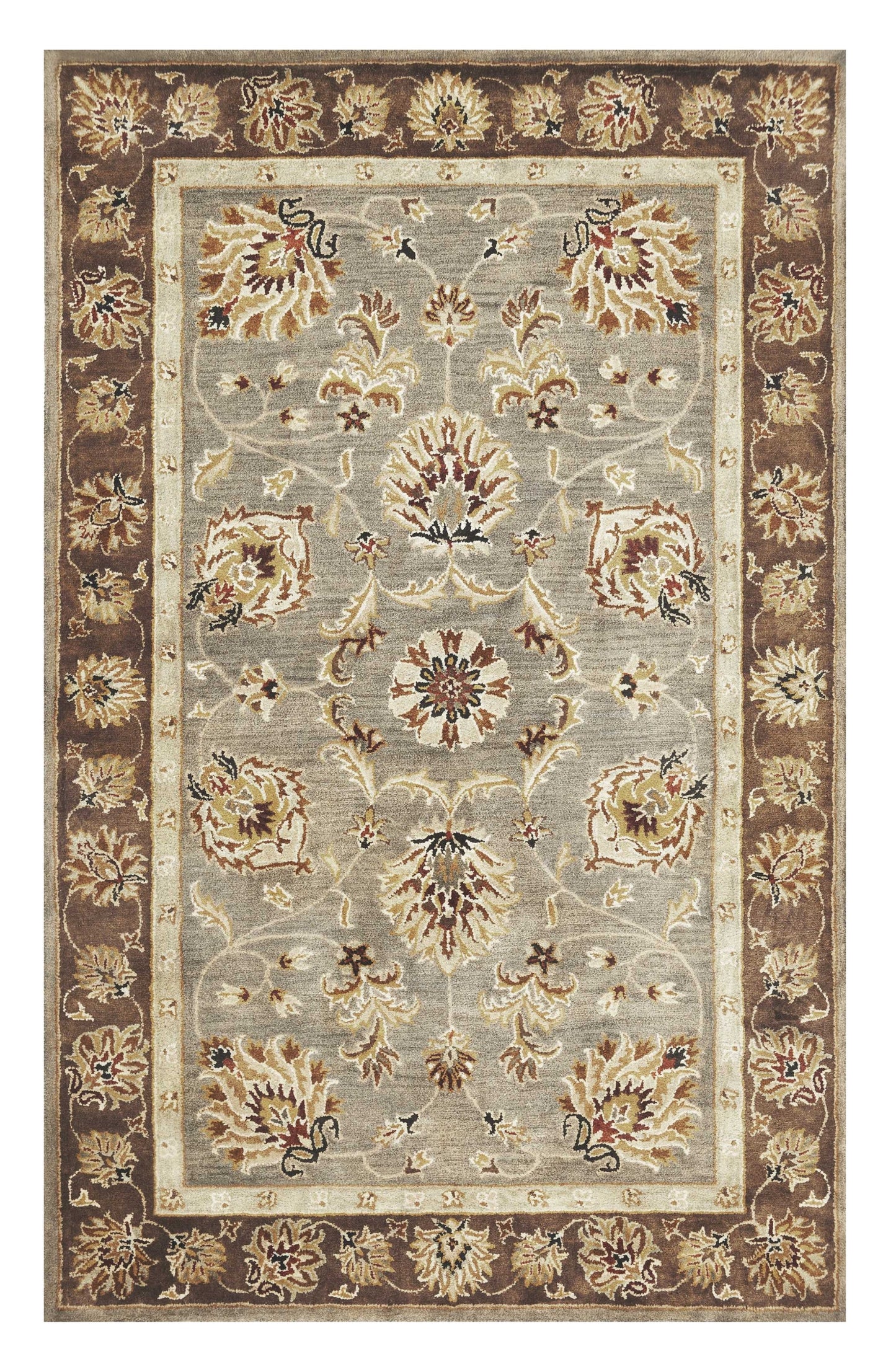 3' X 5' Gray Brown And Ivory Wool Floral Medallion Hand Tufted Area Rug
