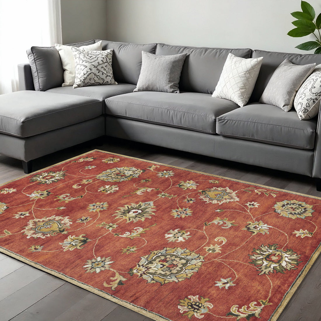 5' X 8' Sienna Gold And Green New Zealand Lambs Wool Floral Vines Hand Tufted Area Rug