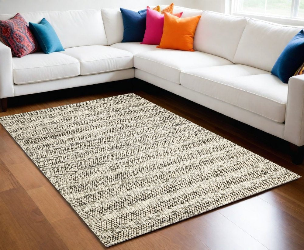 5' X 7' Gray And Ivory Wool Striped Hand Woven Area Rug